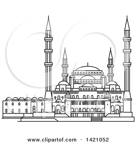 Clipart of a Black and White Lineart Turkey Landmark, Kocatepe Mosque - Royalty Free Vector Illustration by Vector Tradition SM