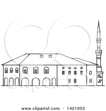 Clipart of a Black and White Lineart Turkey Landmark, Haci Bayram Camii - Royalty Free Vector Illustration by Vector Tradition SM