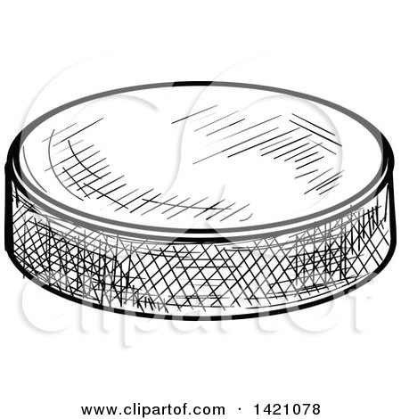 Sports Clipart of a Black and White Sketched Ice Hockey Puck - Royalty Free Vector Illustration by Vector Tradition SM