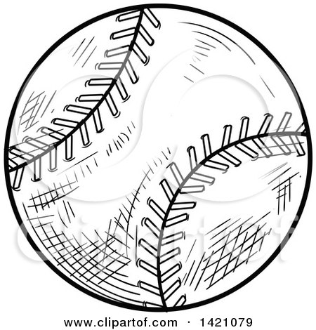 Sports Clipart of a Black and White Sketched Baseball or Softball - Royalty Free Vector Illustration by Vector Tradition SM