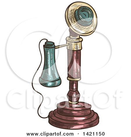 Clipart of a Sketched and Color Filled Vintage Candlestick Telephone - Royalty Free Vector Illustration by Vector Tradition SM