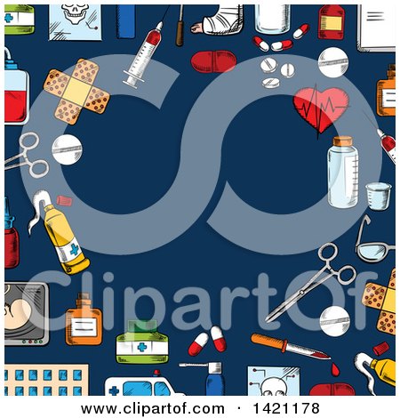 Clipart of a Border of Sketched Medical Icons Around Dark Blue - Royalty Free Vector Illustration by Vector Tradition SM