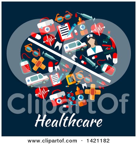 Clipart of a Round RX Pill Made of Flat Style Medical Icons over Healthcare Text on Blue - Royalty Free Vector Illustration by Vector Tradition SM