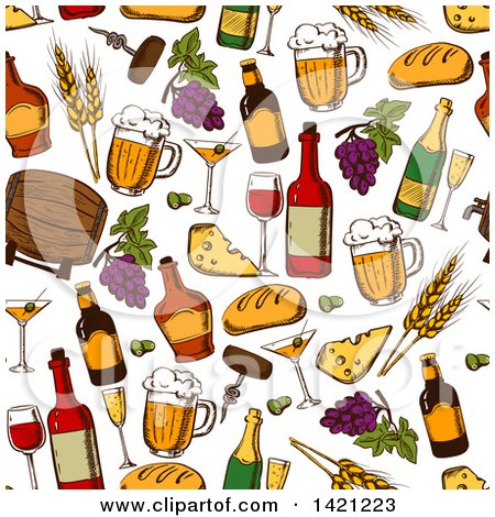 Clipart of a Seamless Pattern Background of Wine Cheese Beer and Grapes - Royalty Free Vector Illustration by Vector Tradition SM