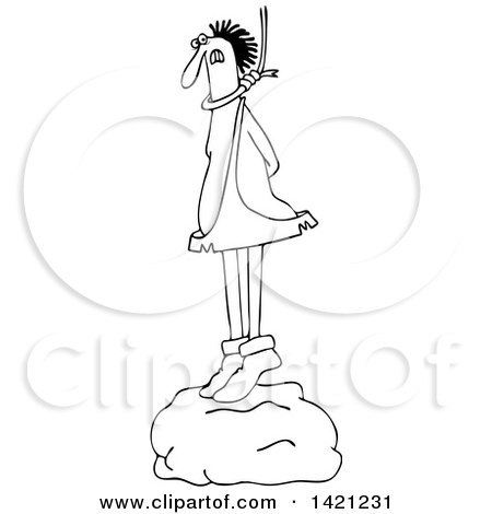 Clipart of a Cartoon Black and White Lineart Caveman Standing on a Boulder with a Noose Around His Neck - Royalty Free Vector Illustration by djart