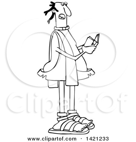 Clipart of a Cartoon Black and White Lineart Caveman Priest Reading from a Bible - Royalty Free Vector Illustration by djart