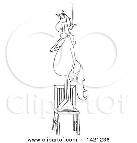 Clipart of a Cartoon Black and White Lineart Horse Standing on a Chair with a Noose Around Its Neck - Royalty Free Vector Illustration by djart
