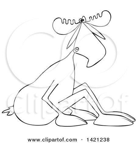 Clipart of a Cartoon Black and White Lineart Moose Sitting on the Ground and Leaning Forward - Royalty Free Vector Illustration by djart