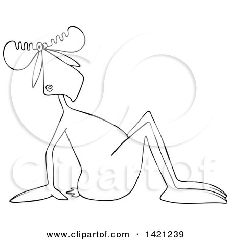 Clipart of a Cartoon Black and White Linaert Moose Sitting on the Ground and Leaning Back - Royalty Free Vector Illustration by djart