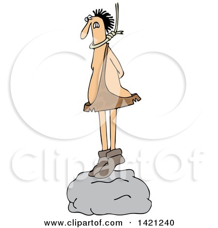 Clipart of a Cartoon Caveman Standing on a Boulder with a Noose Around His Neck - Royalty Free Vector Illustration by djart