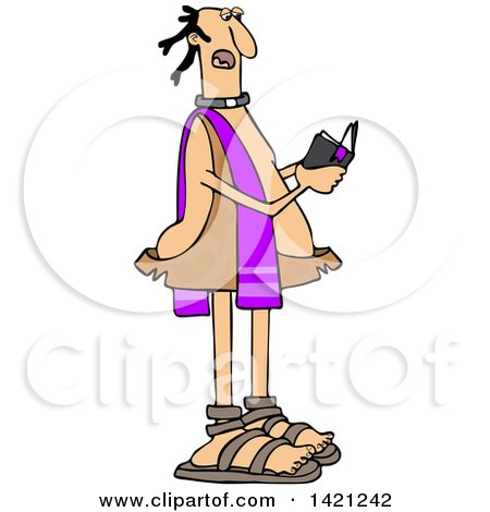 Clipart of a Cartoon Caveman Priest Reading from a Bible - Royalty Free Vector Illustration by djart