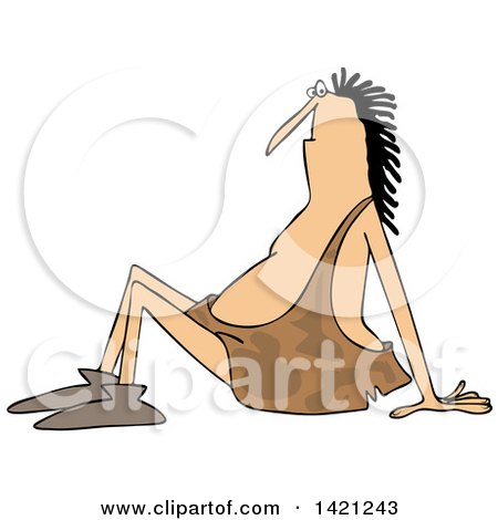 Clipart of a Cartoon Caveman Sitting on the Ground and Leaning Back - Royalty Free Vector Illustration by djart