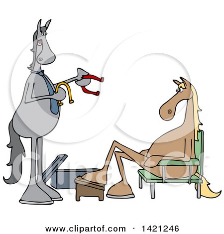 Clipart of a Cartoon Salesman and Horse Trying on Shoes - Royalty Free Vector Illustration by djart