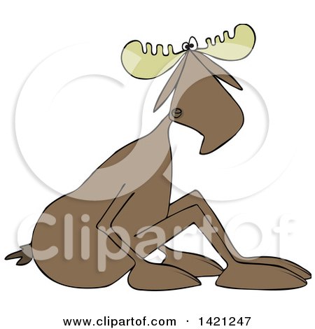 Clipart of a Cartoon Moose Sitting on the Ground and Leaning Forward - Royalty Free Vector Illustration by djart