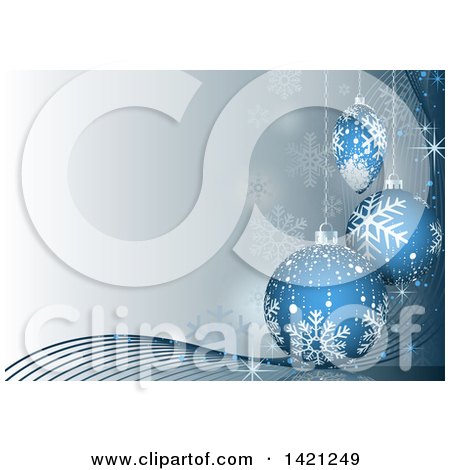 Clipart of a Christmas Background of Snowflakes, Waves and 3d Blue Baubles - Royalty Free Vector Illustration by dero