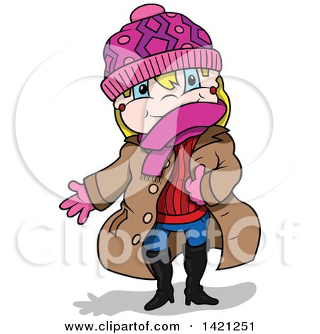 Clipart of a Cartoon Blond Caucasian Girl in Winter Clothes - Royalty Free Vector Illustration by dero