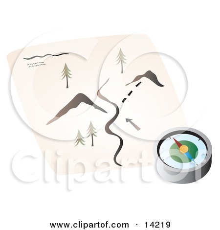 Compass Resting on a Hiking Map Clipart Illustration by Rasmussen Images