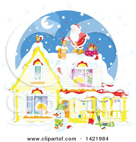 Clipart of a Christmas Eve Scene of Santa Claus on Top of a Home with Children Sleeping Inside, Visible Through the Windows - Royalty Free Vector Illustration by Alex Bannykh