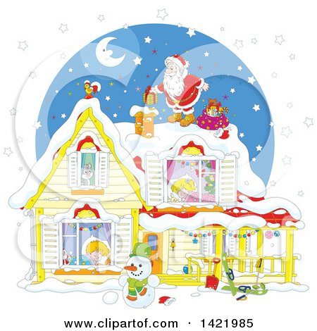 Clipart of a Cartoon Christmas Eve Scene of Santa on Top of a Home with Children Sleeping Inside, Visible Through the Windows - Royalty Free Vector Illustration by Alex Bannykh