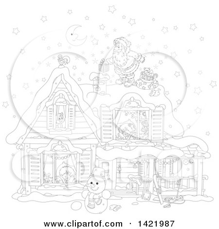 Clipart of a Black and White Lineart Christmas Eve Scene of Santa Claus on Top of a Home with Children Sleeping Inside, Visible Through the Windows - Royalty Free Vector Illustration by Alex Bannykh