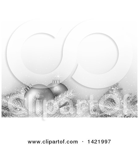 Clipart of a Christmas Background of 3d Silver Baubles and Tree Branches - Royalty Free Vector Illustration by dero