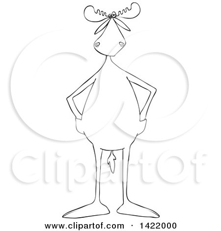 Clipart of a Cartoon Black and White Lineart Moose Standing Upright with His Hands in Pockets - Royalty Free Vector Illustration by djart