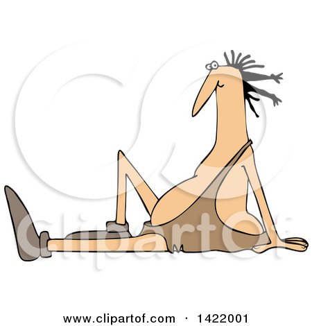 Clipart of a Cartoon Caveman Sitting on the Ground and Leaning Back - Royalty Free Vector Illustration by djart