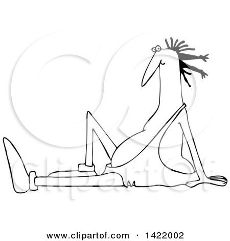 Clipart of a Cartoon Black and White Lineart Caveman Sitting on the Ground and Leaning Back - Royalty Free Vector Illustration by djart