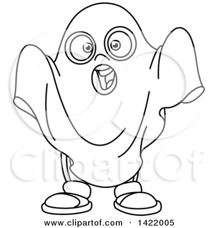 Clipart of a Cartoon Black and White Lineart Kid in a Ghost Halloween Costume - Royalty Free Vector Illustration by yayayoyo