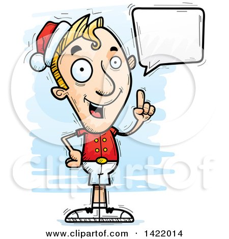 Clipart of a Cartoon Doodled Male Christmas Elf Holding up a Finger and Talking - Royalty Free Vector Illustration by Cory Thoman