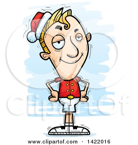 Clipart of a Cartoon Doodled Confident Male Christmas Elf with Hands on His Hips - Royalty Free Vector Illustration by Cory Thoman