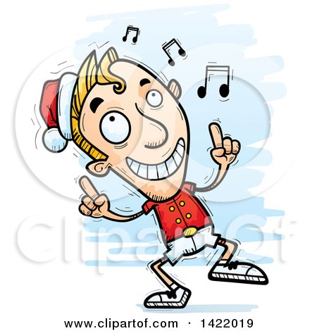 Clipart of a Cartoon Doodled Male Christmas Elf Dancing to Music - Royalty Free Vector Illustration by Cory Thoman