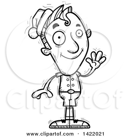 Clipart of a Cartoon Black and White Lineart Doodled Male Christmas Elf Waving - Royalty Free Vector Illustration by Cory Thoman