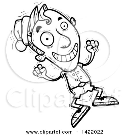 Clipart of a Cartoon Black and White Lineart Doodled Male Christmas Elf Jumping for Joy - Royalty Free Vector Illustration by Cory Thoman