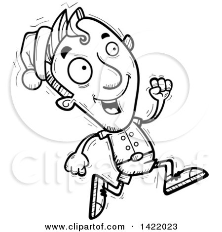 Clipart of a Cartoon Black and White Lineart Doodled Male Christmas Elf Running - Royalty Free Vector Illustration by Cory Thoman
