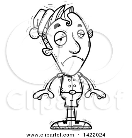 Clipart of a Cartoon Black and White Lineart Doodled Depressed Male Christmas Elf - Royalty Free Vector Illustration by Cory Thoman