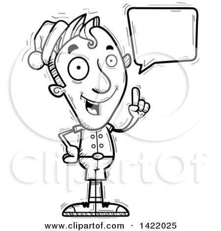 Clipart of a Cartoon Black and White Lineart Doodled Male Christmas Elf Holding up a Finger and Talking - Royalty Free Vector Illustration by Cory Thoman