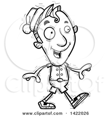 Clipart of a Cartoon Black and White Lineart Doodled Male Christmas Elf Walking - Royalty Free Vector Illustration by Cory Thoman