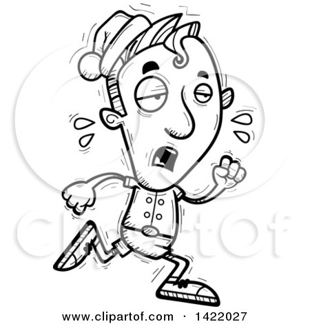 Clipart of a Cartoon Black and White Lineart Doodled Exhausted Male Christmas Elf Running - Royalty Free Vector Illustration by Cory Thoman