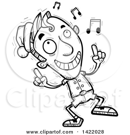 Clipart of a Cartoon Black and White Lineart Doodled Male Christmas Elf Dancing to Music - Royalty Free Vector Illustration by Cory Thoman