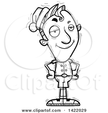 Clipart of a Cartoon Black and White Lineart Doodled Confident Male Christmas Elf with Hands on His Hips - Royalty Free Vector Illustration by Cory Thoman