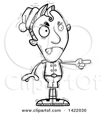 Clipart of a Cartoon Black and White Lineart Doodled Male Christmas Elf Angrily Pointing the Finger - Royalty Free Vector Illustration by Cory Thoman