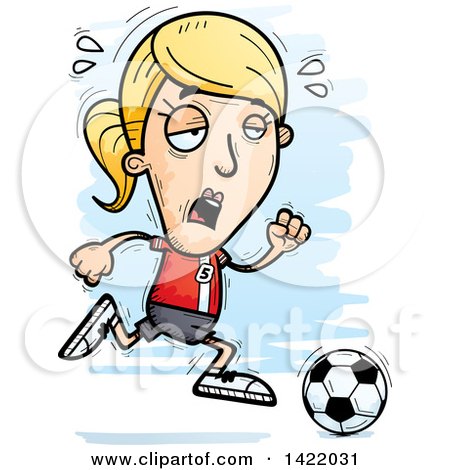 Clipart of a Cartoon Doodled Exhausted Female Soccer Player Running - Royalty Free Vector Illustration by Cory Thoman