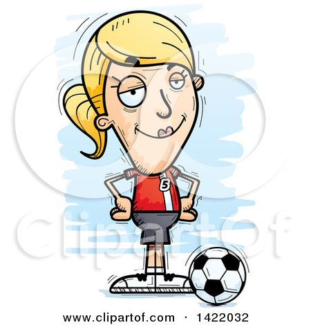 Clipart of a Cartoon Doodled Confident Female Soccer Player with Hands on Her Hips - Royalty Free Vector Illustration by Cory Thoman