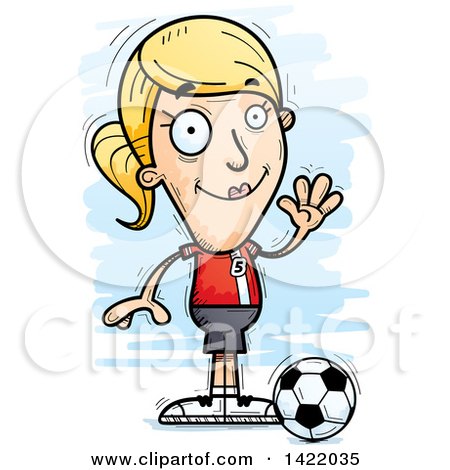 Clipart of a Cartoon Doodled Female Soccer Player Waving - Royalty Free Vector Illustration by Cory Thoman