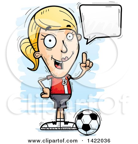 Clipart of a Cartoon Doodled Female Soccer Player Holding up a Finger and Talking - Royalty Free Vector Illustration by Cory Thoman
