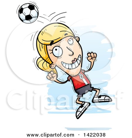 Clipart of a Cartoon Doodled Female Soccer Player Jumping and Bouncing a Ball off of Her Head - Royalty Free Vector Illustration by Cory Thoman