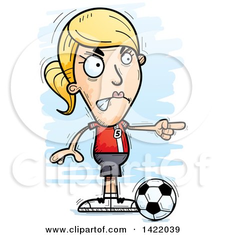Clipart of a Cartoon Doodled Female Soccer Player Angrily Pointing the Finger - Royalty Free Vector Illustration by Cory Thoman
