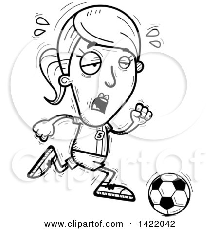 Clipart of a Cartoon Black and White Lineart Doodled Exhausted Female Soccer Player Running - Royalty Free Vector Illustration by Cory Thoman