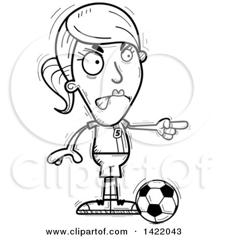 Clipart of a Cartoon Black and White Lineart Doodled Female Soccer Player Angrily Pointing the Finger - Royalty Free Vector Illustration by Cory Thoman